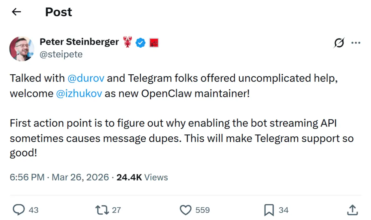 Создатель OpenClaw рассказал о сотрудничестве с командой Telegram — она поможет улучшить работу ИИ-агента в мессенджере